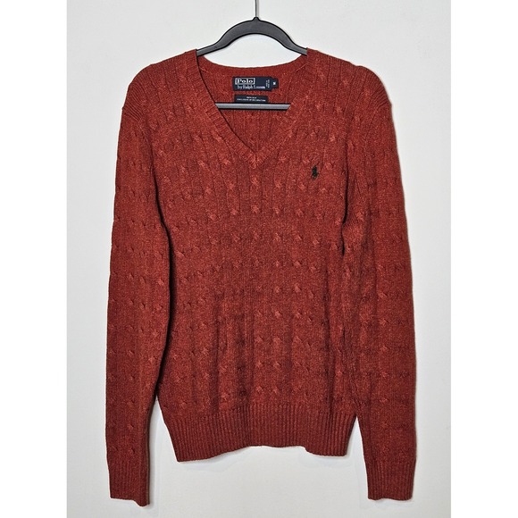 Polo Ralph Lauren Vintage Mens Sweater V Neck Cable Knit 100% Silk Orange M Fall - Picture 1 of 5